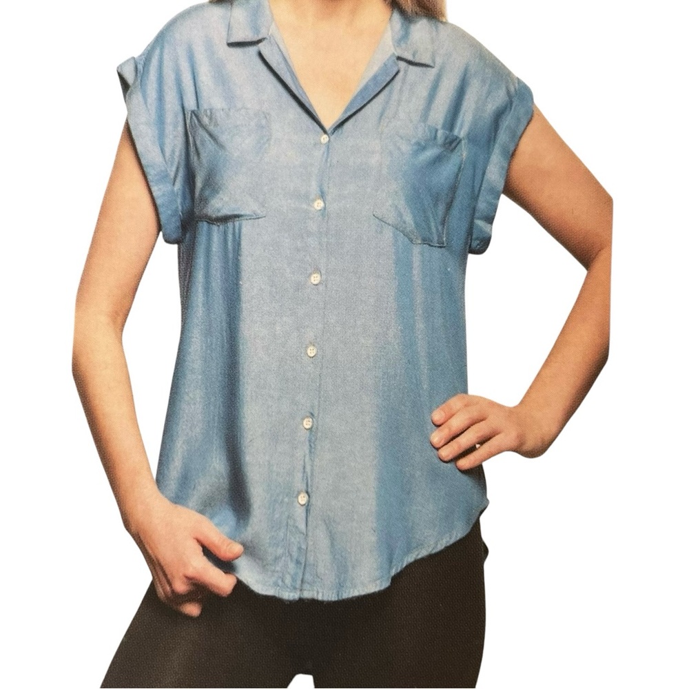Jachs Girlfriend Light Chambray Button Front Cap Sleeve "Quinn" Blouse 3X